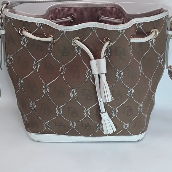 EUC Dooney & Bourke Canvas Monogram Drawstring Bucket Handbag